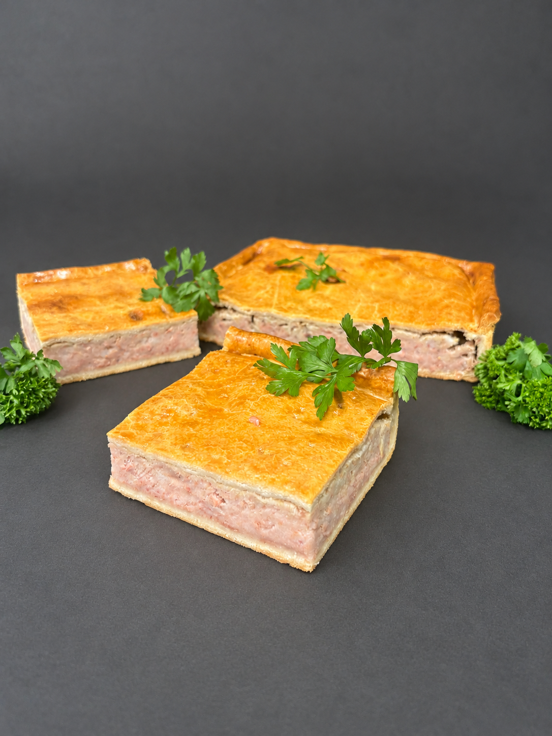 Barnes homemade traybake pie portions on a smooth charcoal background